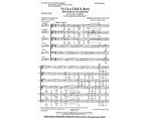 Schutz - Ein Kind Ist Uns Geboren - SSATBB, Cello and Bass