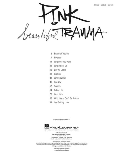 Pink – Beautiful Trauma – Piano, Vocal, Guitar