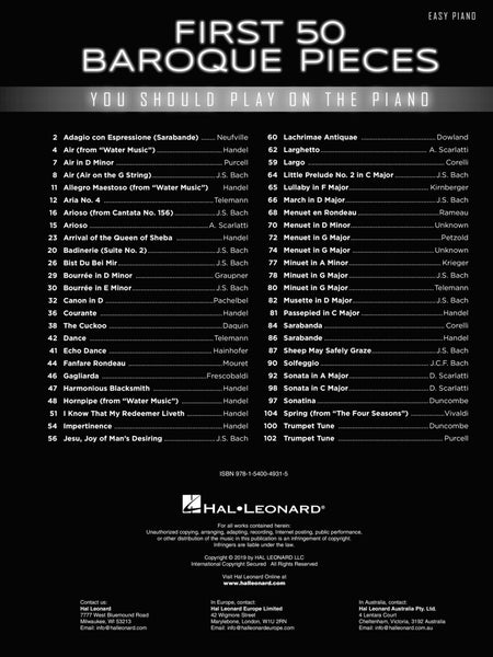 Various - First 50 Baroque Pieces You Should Play on the Piano - Easy Piano