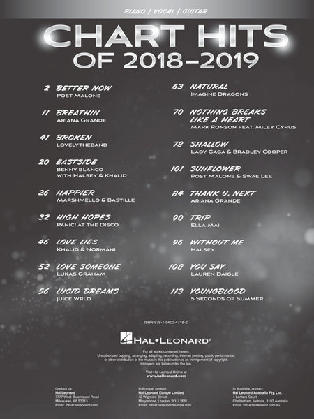 Various - Chart Hits of 2018-2019: 18 Hot Singles - Piano, Vocal, Guitar