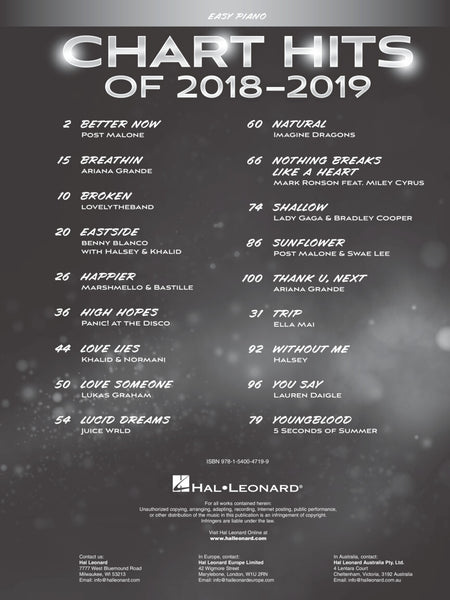 Various - Chart Hits of 2018-2019: 18 Hot Singles - Easy Piano