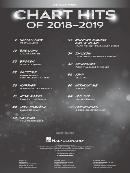 Various - Chart Hits of 2018-2019: 15 Hot Singles - Big-Note Piano