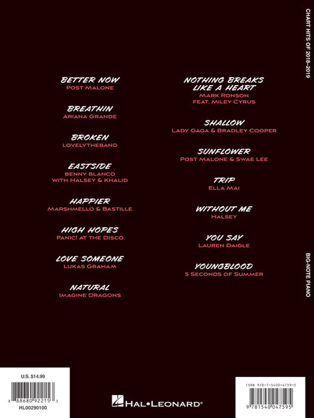 Various - Chart Hits of 2018-2019: 15 Hot Singles - Big-Note Piano